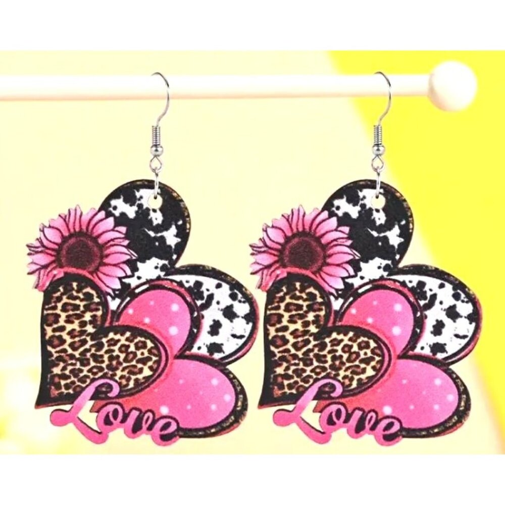 Heart-Shaped Dangle Earrings With Pink Leopard & Cow Prints